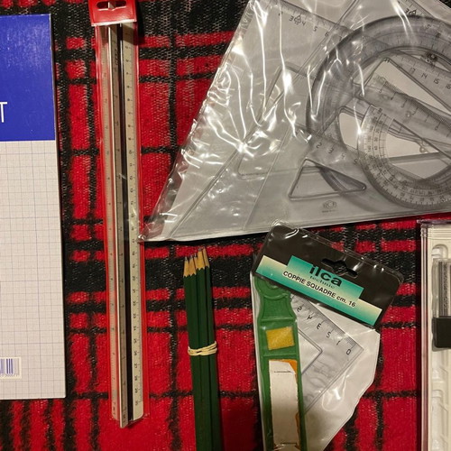 Professional drawing set used with tools and papers