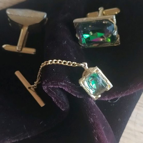 Vintage cufflinks with colored stone and tie pin used
