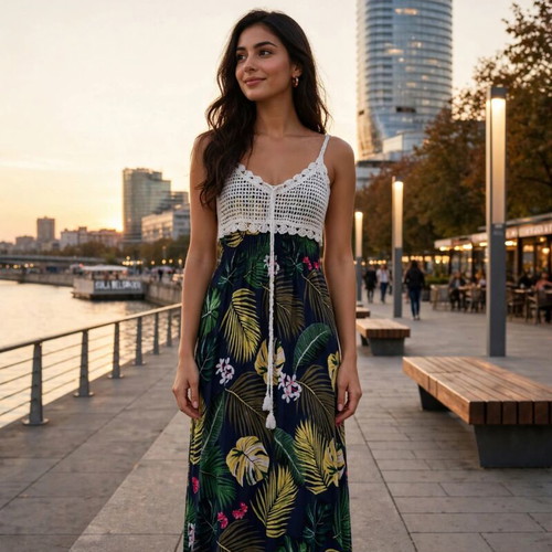 Miss Good boho maxi summer dress with crochet bust and tropical print, size XXL