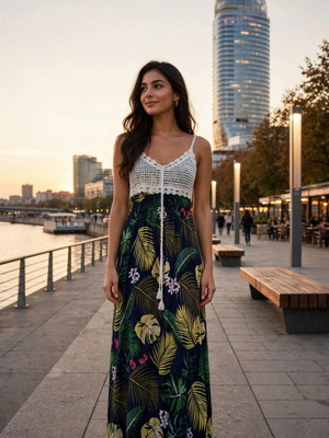 Miss Good boho maxi summer dress with crochet bust and tropical print, size XXL