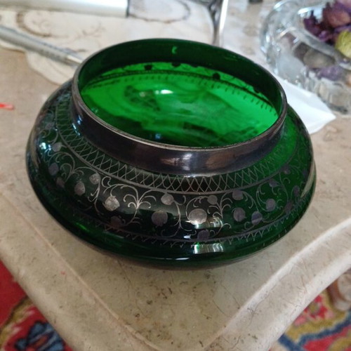 Decorative emerald glass bowl with handmade silver decoration like new
