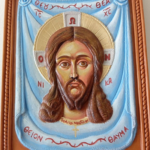 Jesus Holy Mandylion Painted Icon from Wax, Mastic and Incense New