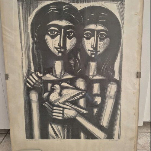 Woodcut by Alevizos Anastasios-Tassos 1973 used, Girls with the Dove