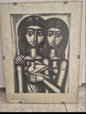 Woodcut by Alevizos Anastasios-Tassos 1973 used, Girls with the Dove