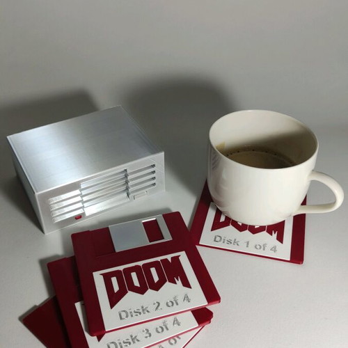 Retro Floppy Disk Coasters Set of 4 with Disk Drive Base Doom Edition new