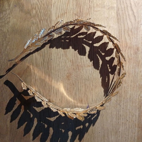 Ancient Greek accessory set with gold laurel wreath and 2 silver cuffs