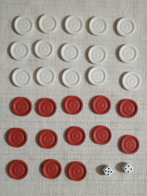 Backgammon checkers and dice set vintage, like new, 13 red and 15 white