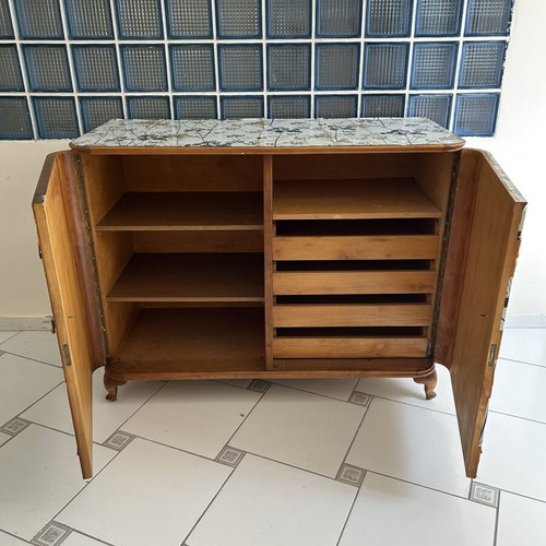 Wooden furniture with shelves and drawers, decorative sticker design