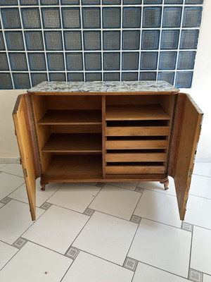 Wooden furniture with shelves and drawers, decorative sticker design