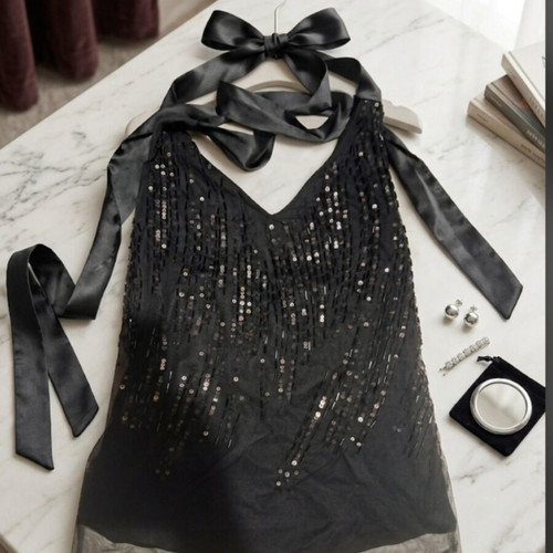 Zara sequined satin halter top like new, black, size M