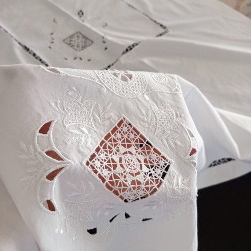 Tablecloth authentic handmade white with rich cutwork embroidery