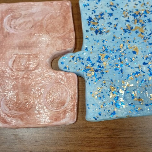 Handmade ceramic puzzle coaster new, gold leaf and blue details