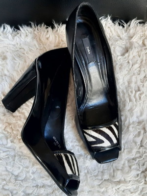 Zara high heels peep toe shoes with pony skin animal print, size 39