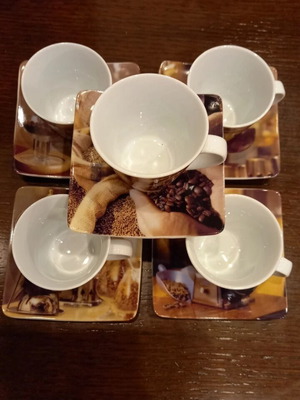 Greek porcelain coffee cups like new, set of 5 with saucers and gift