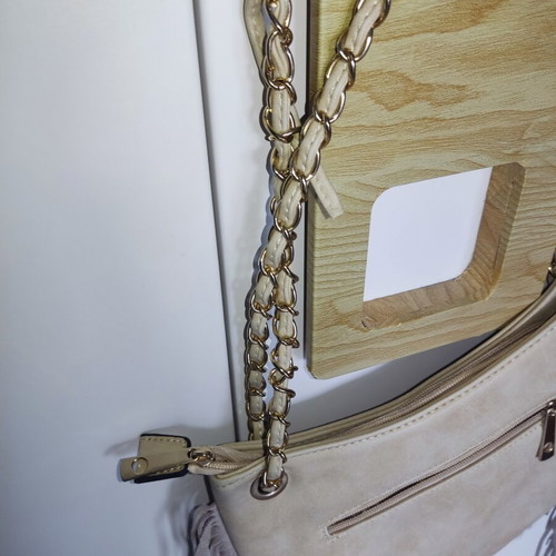 Shoulder bag with fringes and gold details, like new, beige suede leather