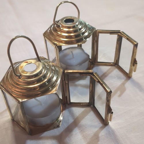 Small brass hexagonal lanterns for tealights used, set of 2
