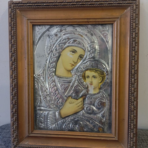 Vintage religious icon in frame used, 32x26 cm