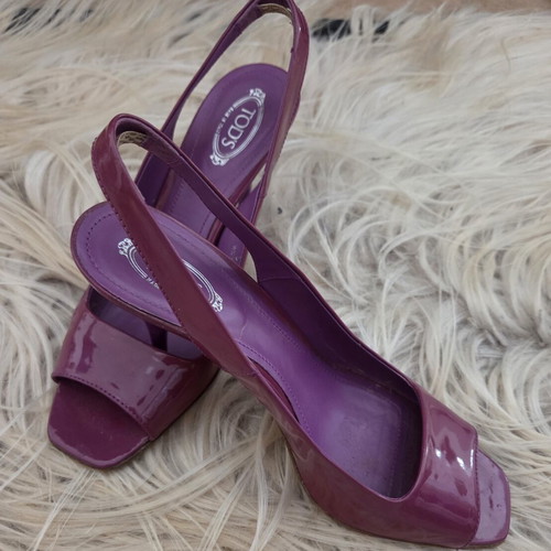 Tod's Patent Leather Peep Toe Slingback Pumps Used Purple