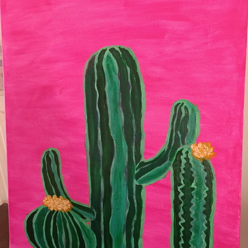 Painting with cactuses pink green medium size new