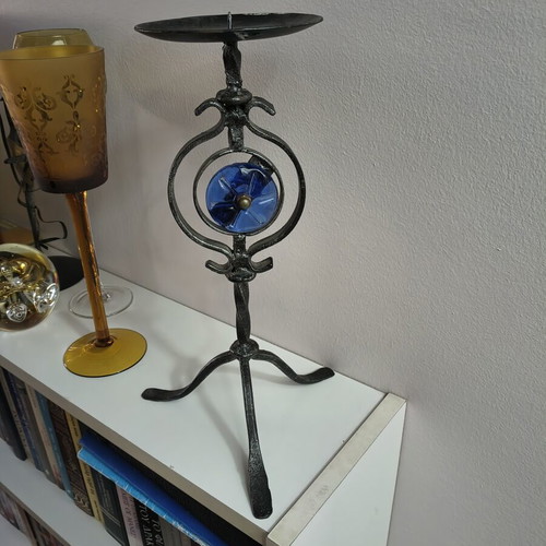 Handmade metal candlestick with blue glass detail, like new