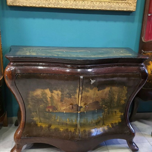 Masterpiece Louis XV Bombe Cabinet like new with hand-painted oil landscape