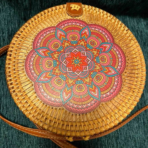 Straw crossbody bag new, round 20 cm, brown