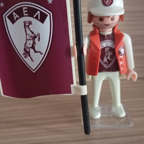 Playmobil AEL Fan Figure like new with flag and stand