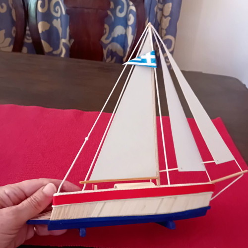 Wooden handmade boat new with Greek flag and miniature details