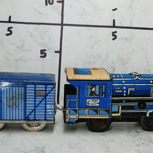 Tin Train with Wagon used, 1950s Hungarian Tolato Mozdony