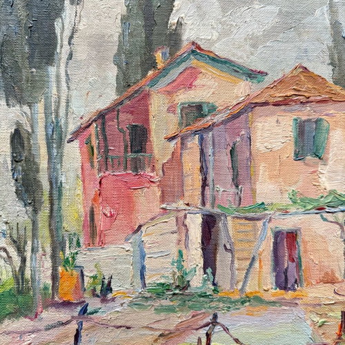 Oil painting used Mediterranean landscape Tuscany with wooden frame