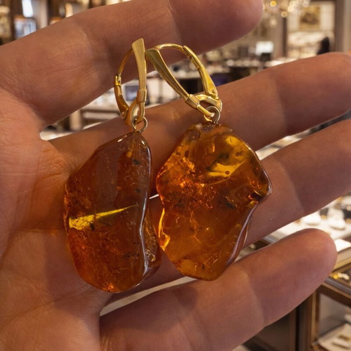 Natural Baltic Amber Earrings, 24K Gold Plated Silver925, Handmade