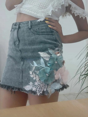 Denim embroidered skirt like new, gray, size 38