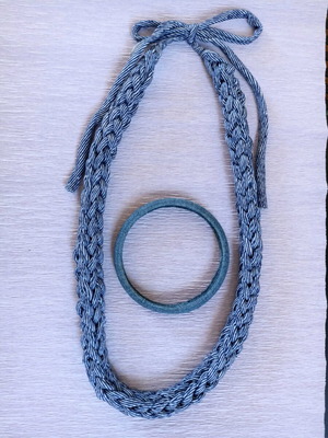 Handmade knitted denim necklace and bracelet set used