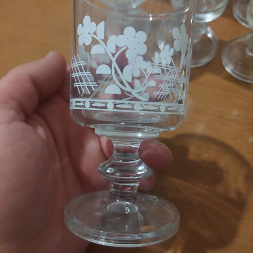 Vintage Italian crystal glasses with white floral engraving
