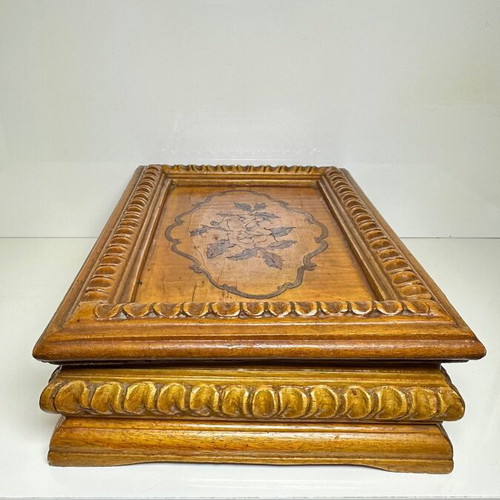 Vintage handmade wooden jewelry box used with carved floral marquetry