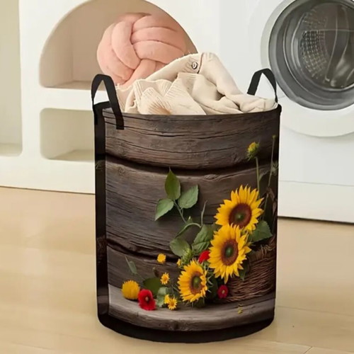Folding laundry basket with sunflower and wood barrel print, new