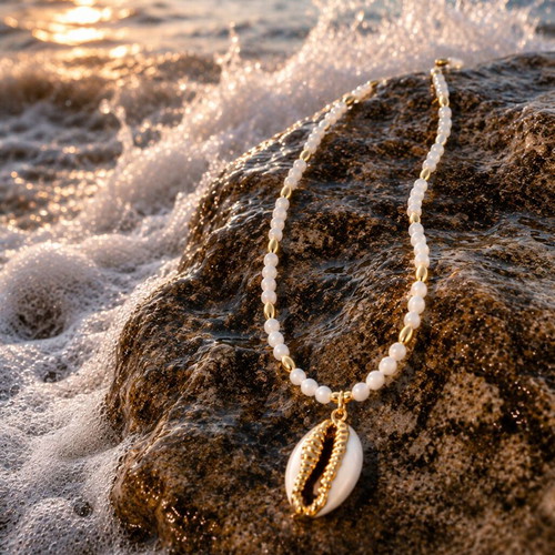 Handmade necklace with white semiprecious stone and natural shell with gold accents