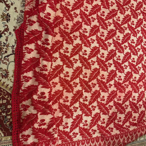 Wool woven throw like new, red with handmade lace edging