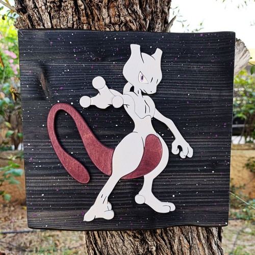 Handmade wooden Mewtwo wall decor, Pokémon, 28x28 cm