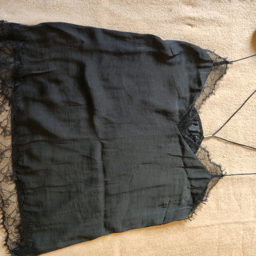Black camisole blouse used, size Small, lace and satin matte finish