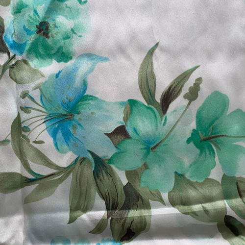 Satin fabric with floral pattern turquoise and emerald, new, 1.5m x 1m