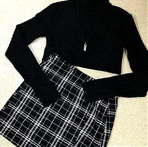 Σετ φούστα κοντή, μαύρο ζιβάγκο & κολιέ με λευκό λίθο.Short skirt set, black turtleneck