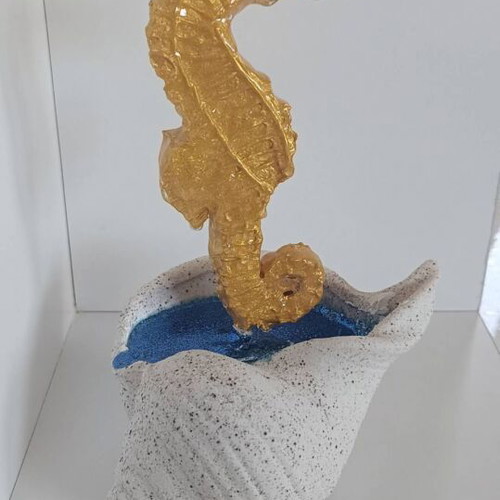 Handmade Decorative Gold Seahorse from Clay and Resin with White Shell Base