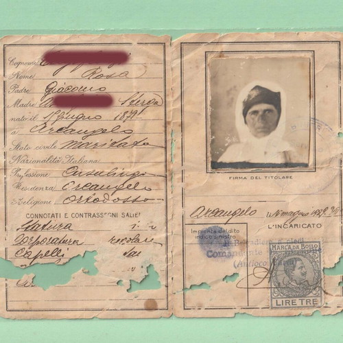 Italian Identity Document 1929 used, woman from Archangelos Rhodes