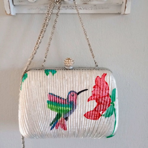 Vintage clutch shoulder bag refurbished with handmade hummingbird pattern silver multicolor
