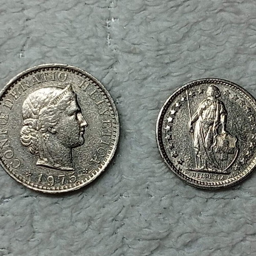 Swiss coins used, set of 2, 1975 20 Rappen and ½ Franc