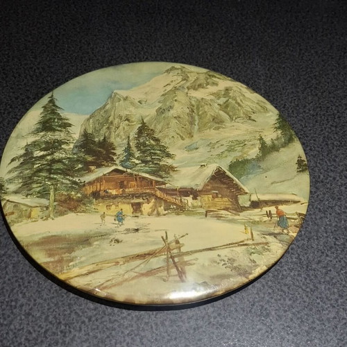 Vintage Metal Decorative Wall Plate Alpine Winter Landscape 24cm like new