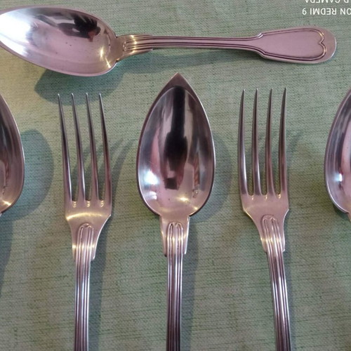 Christofle silver-plated Chinon cutlery set 5+1 used with monograms