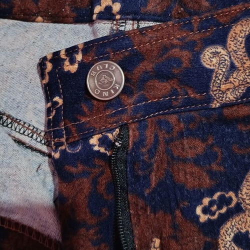 Vintage flare pants with oriental dragon pattern, blue and brown