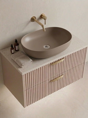 Bathroom vanity cabinet with sink and wooden countertop